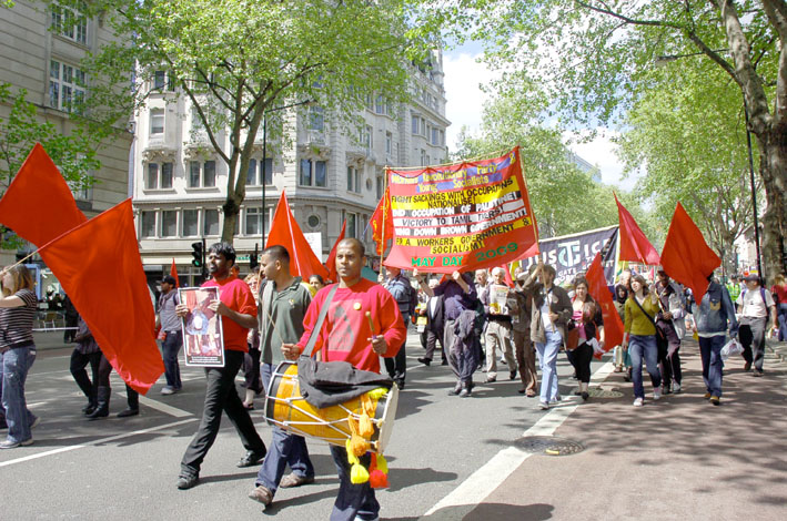 Workers Revolutionary Party banner on the May Day demonstration in London