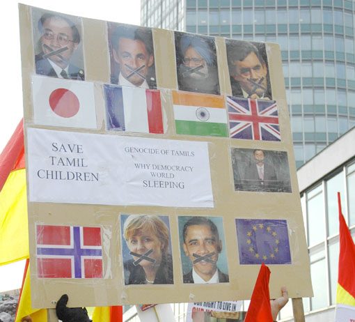 Tamil protesters in London condemn the silence of the world leaders