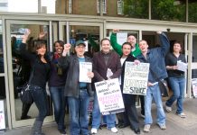 Striking London Met lecturers on the picket line were joined by enthusiastic students yesterday morning