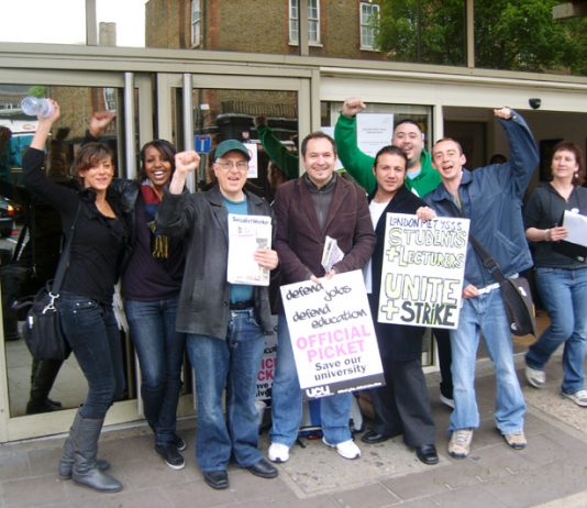 Striking London Met lecturers on the picket line were joined by enthusiastic students yesterday morning