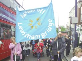SAVE LEWISHAM BRIDGE SCHOOL! demand parents, teachers and pupils ‘Hands off Lewisham Bridge’ banner at the front of the demonstration
