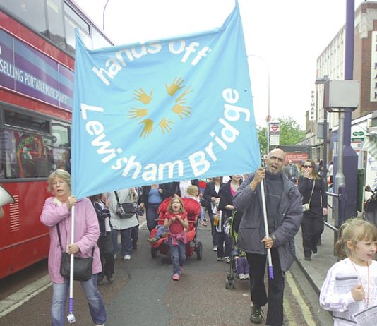 ‘Hands off Lewisham Bridge’  banner at the front of the demonstration