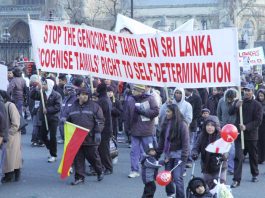 Banner on the 125,000-strong demonstration in London on January 31st condemning the Sri Lankan Army’s genocidal attacks on the Tamils