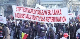 Banner on the 125,000-strong demonstration in London on January 31st condemning the Sri Lankan Army’s genocidal attacks on the Tamils