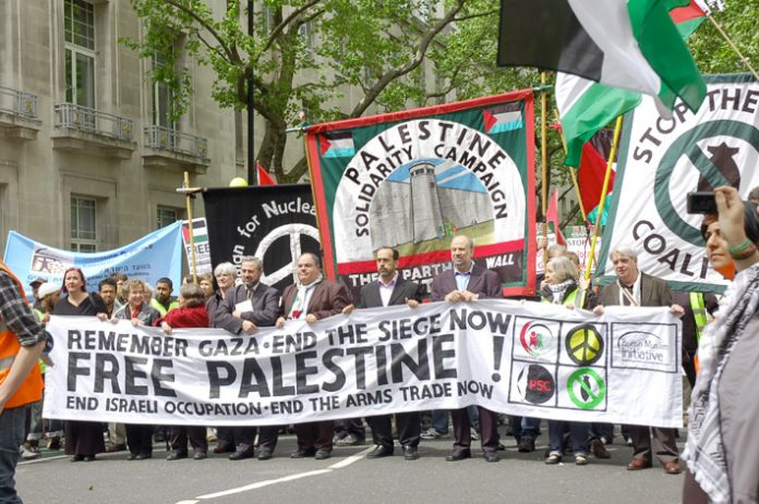 The front of Saturday’s 5,000-strong demonstration in London to mark the 61st anniversary of Nakba Day – the Palestinian catastrophe
