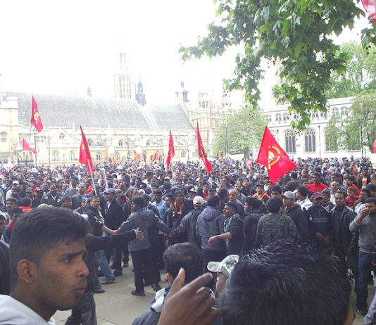 Thousands of Tamils demonstrated outside the House of Commons for the 45th day yesterday