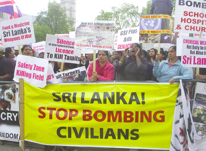Demonstration in Parliament Square on April 29th against the Sri Lankan Army’s genocidal attacks on Tamils in Sri Lanka – the continuous protest began on April 7th