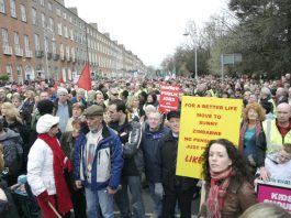 A section of the 125,000-strong demonstration in Dublin on February 21st against job losses and wage cuts