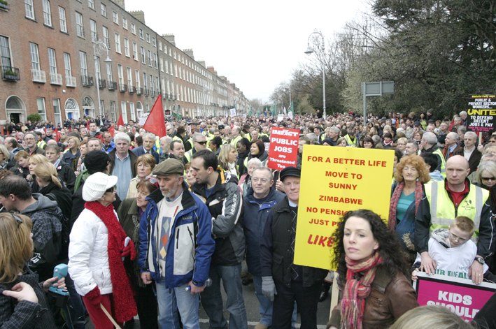 A section of the 125,000-strong demonstration in Dublin on February 21st against job losses and wage cuts