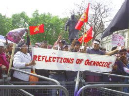 Protesters in Parliament Square against the genocidal attacks on Tamils