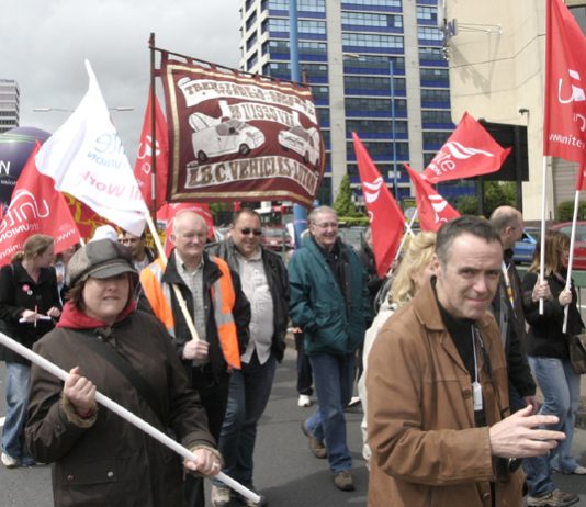 IBC banner on the Birmingham march to ‘Defend Jobs’ on May 16th – the Unite leaders are refusing  to take any action to defend their members jobs