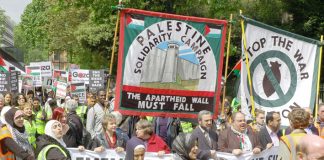 Palestinian supporters marching last month in London on the anniversary of the May 15 1948 ‘Nakba’ the beginning of the Palestinian exodus