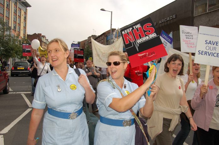 Nurses marching in Nottingham against the government’s drive to privatise the NHS
