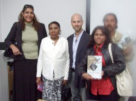 HENGRIDE PERMAL, chair of the Chagos Islands Community Association (left) with fellow Chagossians and author DAVID VINE (centre) at the book launch in Crawley last Friday night