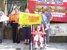 Visteon workers TINA DHANJAL (left) and (second left) TONI TAGLIARINI with local residents at the Chase Farm picket yesterday lunchtime