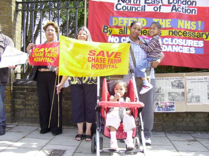 Visteon workers TINA DHANJAL (left) and (second left) TONI TAGLIARINI with local residents at the Chase Farm picket yesterday lunchtime