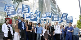 Medical students demonstrating in June last year against the loss of accommodation allowance for first year junior doctors
