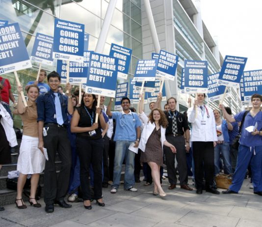 Medical students demonstrating in June last year against the loss of accommodation allowance for first year junior doctors