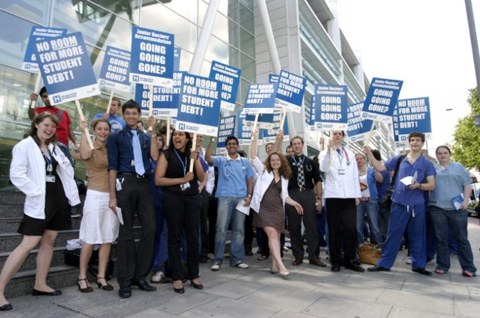 Medical students demonstrating in June last year against the loss of accommodation allowance for first year junior doctors