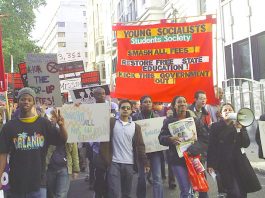Young Socialists Student Society marching against all fees and demanding the restoration of free education