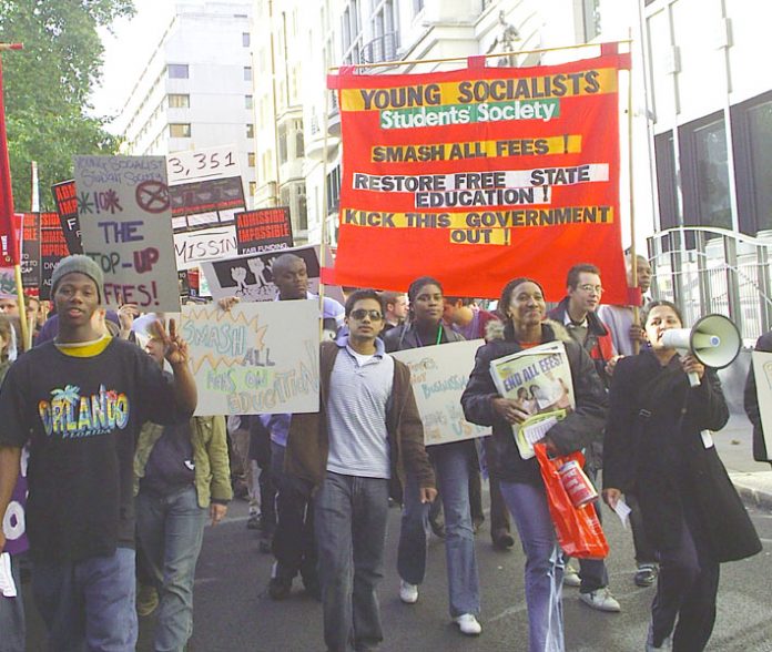 Young Socialists Student Society marching against all fees and demanding the restoration of free education