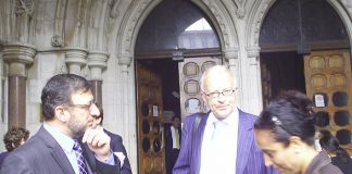 MAZIN YOUNIS of the Iraqi League (left) with PHIL SHINER of Public Interest Lawyers outside the High Court yesterday
