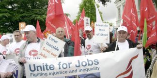 Corus workers at the front of the recent Unite march in Birmingham – almost 3,000 of them face the sack. Both Corus and GM Luton must be nationalised