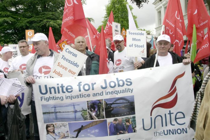 Corus workers at the front of the recent Unite march in Birmingham – almost 3,000 of them face the sack. Both Corus and GM Luton must be nationalised