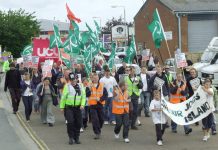Demonstrators – Vestas workers and supporters marching to the Magistrates Court in Newport yesterday morning
