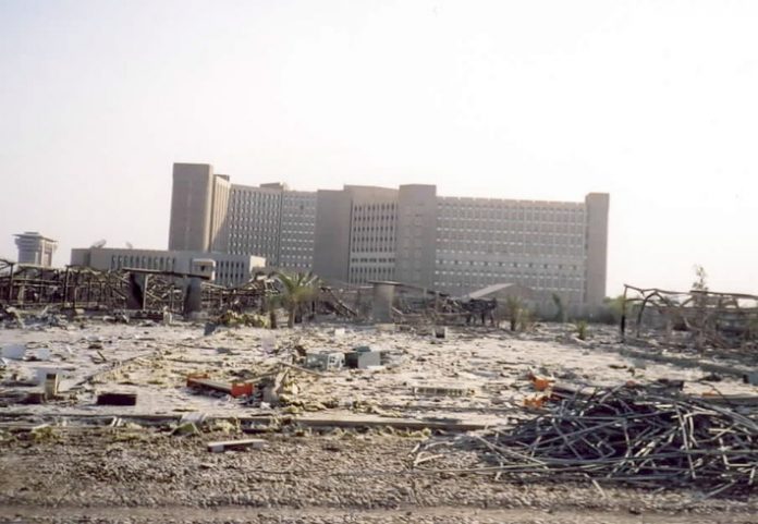 The Iraqi Ministry of Oil building was untouched by the US ‘shock and awe’ blitzkrieg of March 2003 when over 1,700 air strikes were launced against Iraq