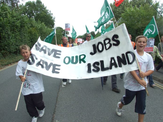 Children of Vestas workers lead the march to the Newport Magistrates Court last Wednesday