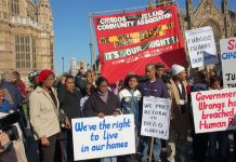 Chagos Islanders demonstrating outside the House of Lords demanding the right to return to Diego Garcia