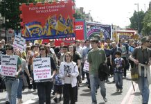UCU members and students marching earlier this summer against massive cuts at London Metropolitan University in North London. The University its tuition fees next term.