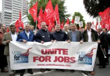 Unite leaders Woodley and Simpson alongside TUC General Secretary Barber marching with former CBI boss Digby Jones. The union leaders prefer to collaborate with the bosses and oppose occupations and nationalisation
