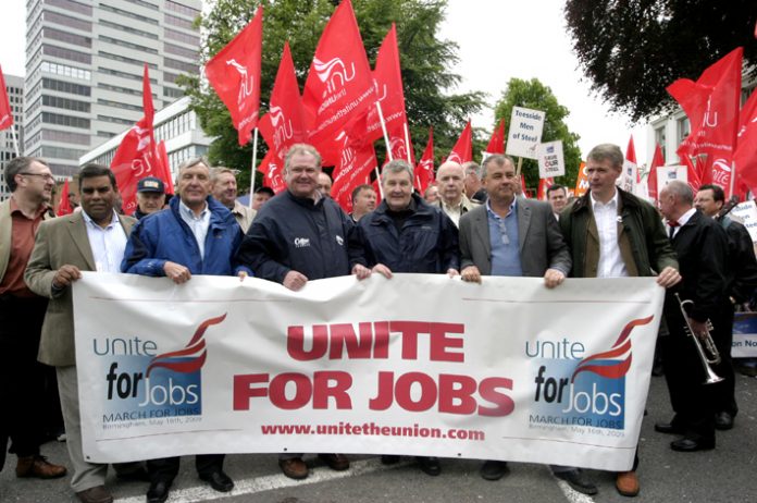 Unite leaders Woodley and Simpson alongside TUC General Secretary Barber marching with former CBI boss Digby Jones. The union leaders prefer to collaborate with the bosses and oppose occupations and nationalisation