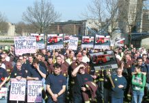 London firefighters lobbying against cuts. They are now taking action against attacks on their working conditions