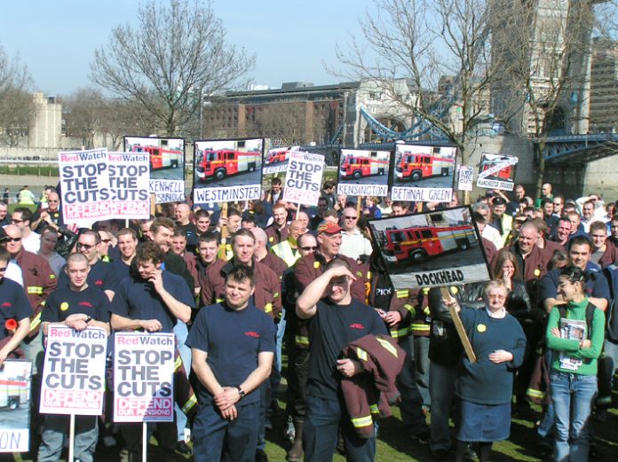 London firefighters lobbying against cuts. They are now taking action against attacks on their working conditions