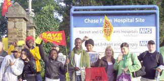 A section of the lively North East London Council of Action picket of Chase Farm Hospital yesterday morning