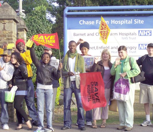 A section of the lively North East London Council of Action picket of Chase Farm Hospital yesterday morning