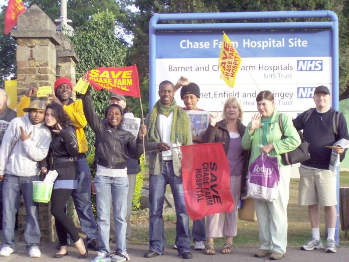 A section of the lively North East London Council of Action picket of Chase Farm Hospital yesterday morning