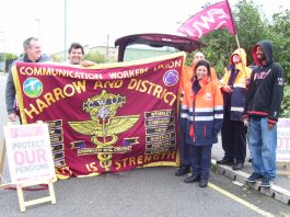 Pickets were in a bouyant mood at the Greenford Mail Centre yesterday morning