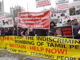 Protest outside parliament on February 4th against the Sri Lankan bombing of the Tamil region of Sri Lanka