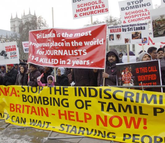 Protest outside parliament on February 4th against the Sri Lankan bombing of the Tamil region of Sri Lanka