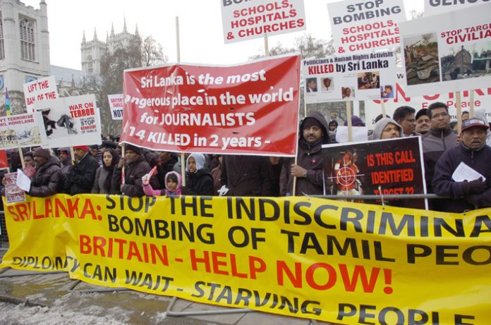 Protest outside parliament on February 4th against the Sri Lankan bombing of the Tamil region of Sri Lanka