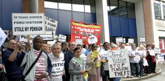 Sacked Visteon workers, retirees, and a delegation of sacked Gate Gourmet workers lobbying Unite head office yesterday