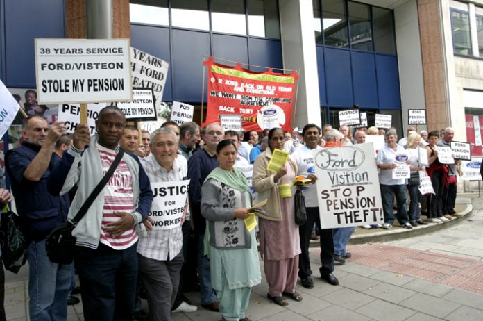 Sacked Visteon workers, retirees, and a delegation of sacked Gate Gourmet workers lobbying Unite head office yesterday