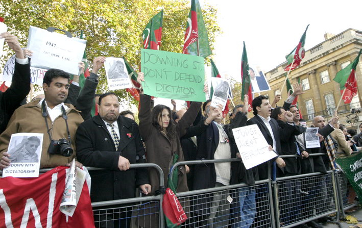 Protest at Downing Street against the Labour Government’s support for Pakistan’s former dictator Musharraf