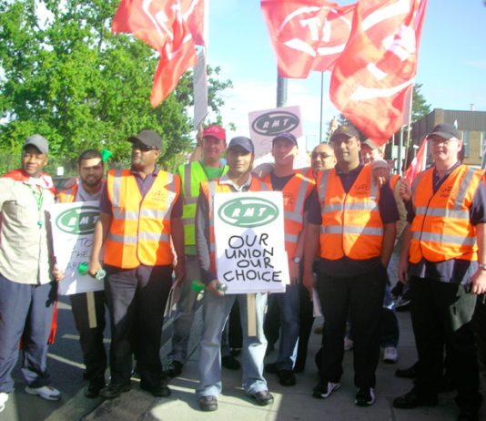 RMT busworkers demonstrate outside Fulwell Bus garage in west London against harassment by London United management