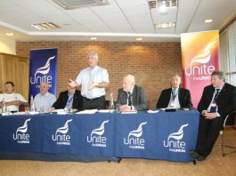 ‘IF WE DON’T WIN THIS BATTLE THERE WILL BE NO MORE VAUXHALL MOTORS IN BRITAIN’ – Tony Woodley tells TUC Congress fringe meeting Chairman DAVE OSBORNE addresses the fringe meeting with Unite joint leaders TONY WOODLEY and DEREK SIMPSON on the right of the platform