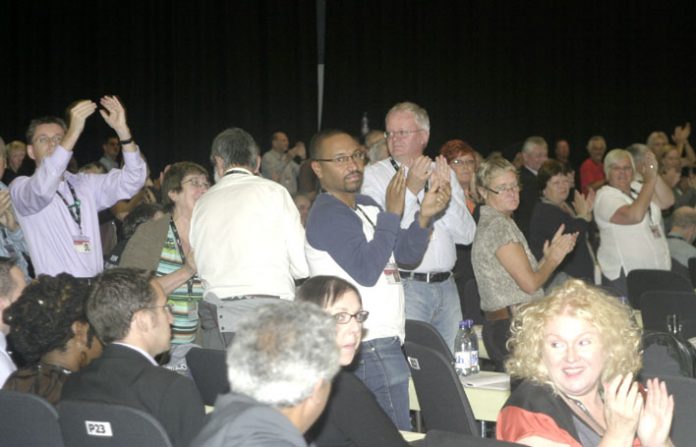 Delegates applauding the demonstration by Vestas sacked workers who were demanding that the plant be nationalised